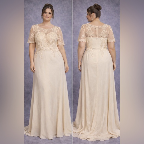 Dresses & Skirts - Champagne Lace Formal Dress W/ Sheer Lace Top-Size US 16 Eveng /Wdg. Guest Gown